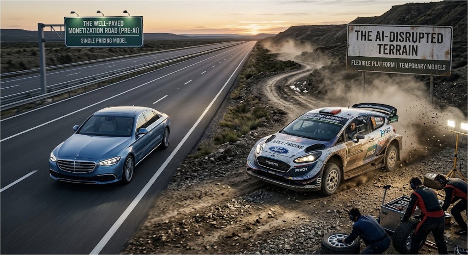 A split scene at dusk. On the left, a blue luxury sedan cruises an empty, well-paved highway beneath a green sign reading 'The well-paved monetization road (pre-AI) — single pricing model.' On the right, a mud-spattered rally car throws up dust and gravel on a rough dirt track beneath a weathered sign reading 'The AI-disrupted terrain — flexible platform, temporary models,' while a pit crew works on tires and equipment at the roadside.